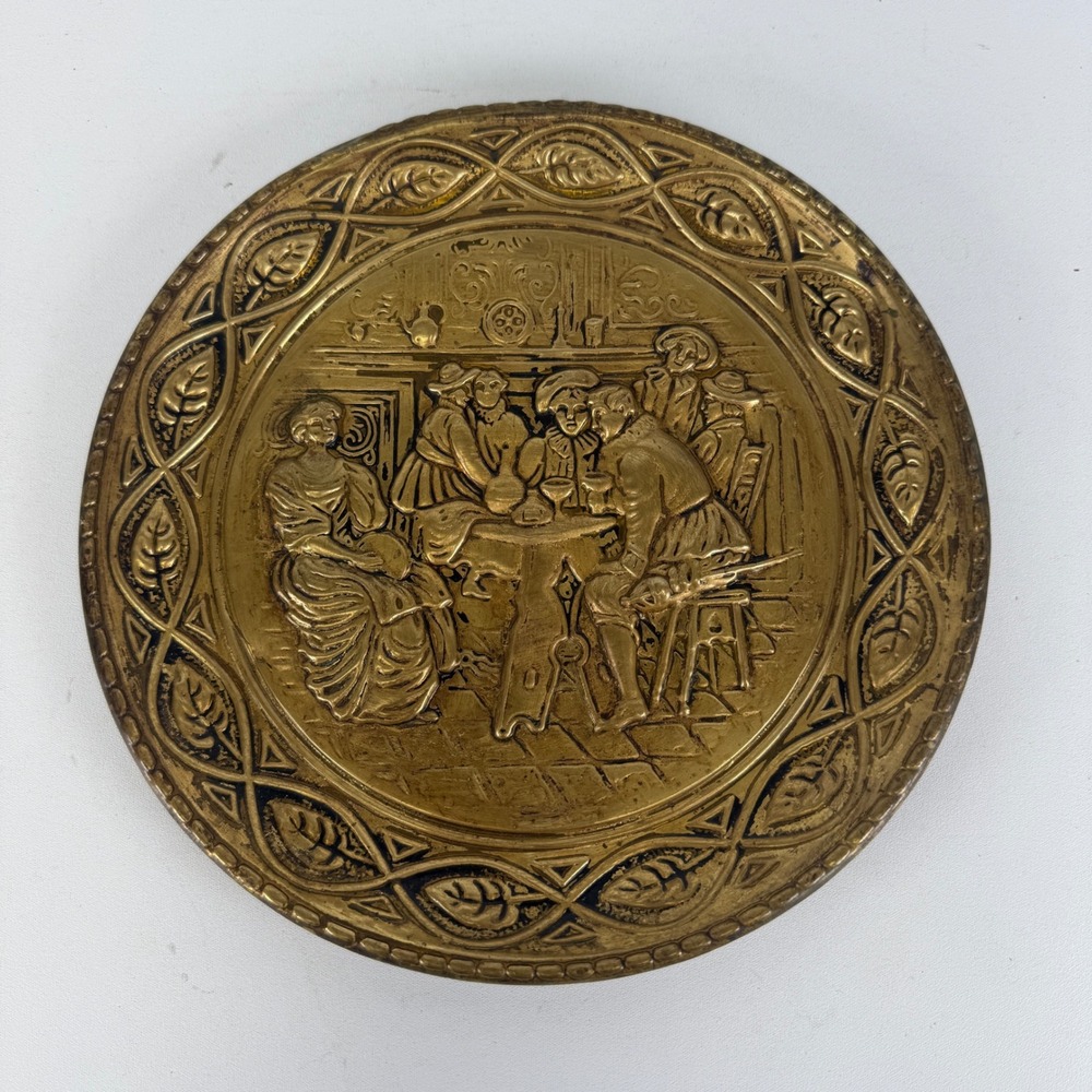 Vintage ELPEC England Brass Wall Hanging Plate Tavern Scene Pub Decor 9.5 Inch